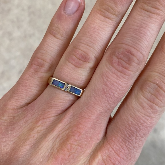 14k Solid Yellow Gold Australian Fire Opal and Diamond Ring Size 5.5 - Picture 8 of 8